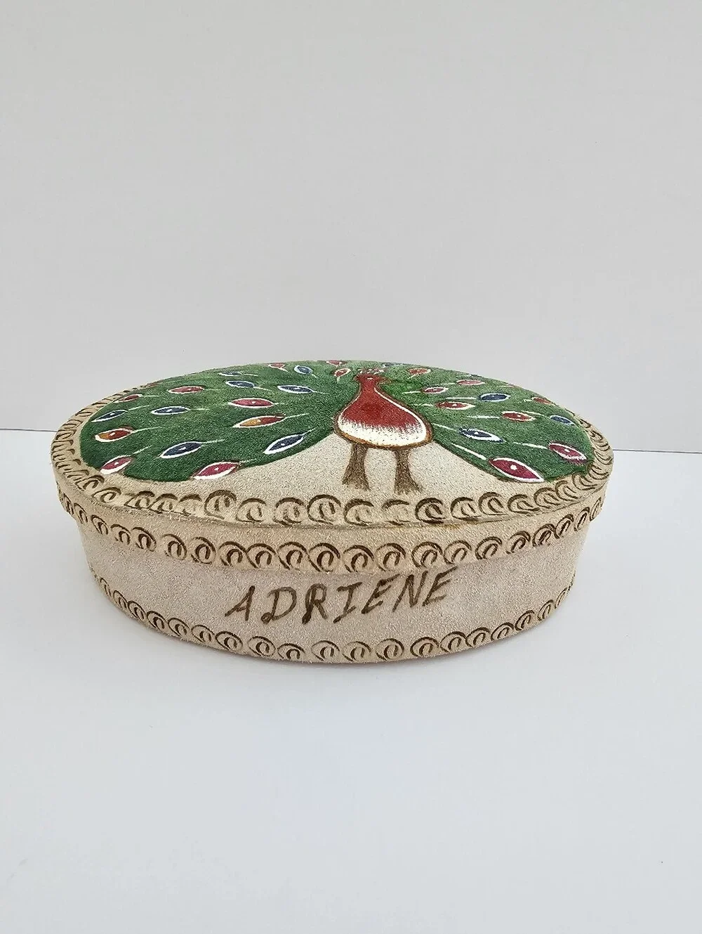 Vintage Tooled Suede Leather Peacock Trinket Box Personalized Adriene Red Velvet